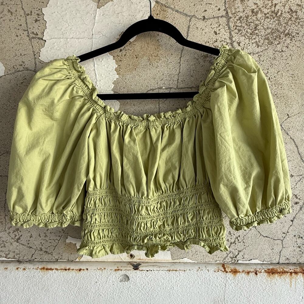 Levi’s Green Puff Sleeve Crop Top Smocked Peasant Prairie Style Blouse Size L - Picture 7 of 7